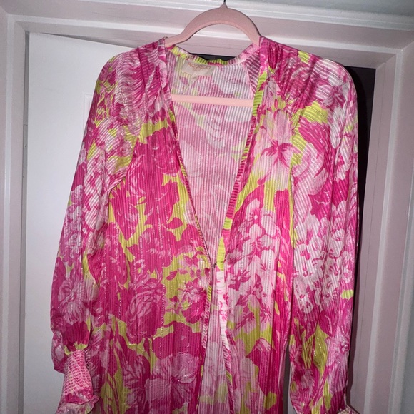 ROCCO SAND ziba coverup kimono neon pink and Green Long floral size XS - Picture 11 of 14